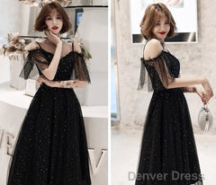 Shiny Black Off Shoulder Tea Length Party Dress Prom Dress, Black Homecoming Dresses