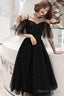 Shiny Black Off Shoulder Tea Length Prom Dress Prom Dress, Black Homecoming Dresses