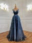 Shiny Blue Beaded Puffy Long Prom Dress, Blue Beaded Long Prom Graduation Dresses