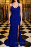 Shiny Blue Sequins Mermaid Backless Long Prom Dress with High Slit, Mermaid Blue Prom Dress, Blue Prom Dresses