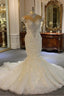 Shiny Crystal High Neck Floral Wedding Dresses Sheer Tulle Sleeveless Mermaid Bridal Gowns