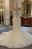 Shiny Crystal High Neck Floral Wedding Dresses Sheer Tulle Sleeveless Mermaid Bridal Gown