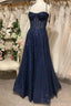 Shiny Dark Navy Blue Long Lace Prom Dress, Dark Navy Blue Long Prom Dresses