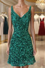 Shiny Green Sequins V Neck Short Prom Dress, V Neck Green Homecoming Dress, Green Prom Dresses