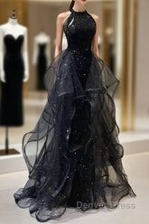 Shiny Halter Sequin Tulle Layered Long Prom Dress Black Evening Dress Wedding Dress