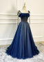 Shiny Navy Blue Tulle Straps Long Prom Dress Prom Dress, A Line Beaded Prom Dresses