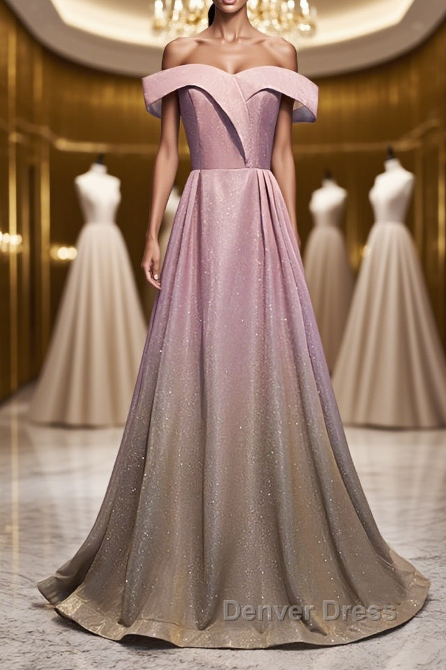 Shiny Off Shoulder Pink Ombre Prom Dresses, Pink Ombre Formal Graduati