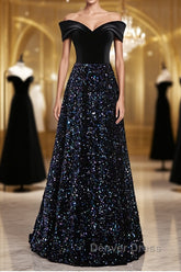 Shiny Off the Shoulder Black Prom Dresses with Corset Back, Shiny Black Long Formal Evening Dresses