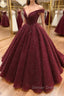 Shiny Off the Shoulder Burgundy Prom Dress, Dark Wine Red Off Shoulder Long Prom Dresses