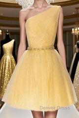 Shiny One Shoulder Yellow Short Prom Homecoming Dresses with Belt, Short One Shoulder Yellow Formal Evening Dresses