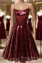 Shiny Sequins Backless Burgundy Short Prom Dresses, Backless Burgundy Homecoming Dresses, Burgundy Formal Evening Dresses