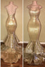 Shiny Sequins Mermaid Spaghettis Straps Layers Train Gold Prom Dresses