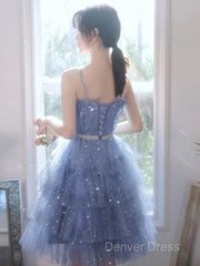 Shiny Short Puffy Blue Prom Dresses A-Line Puffy Homecoming Dresses