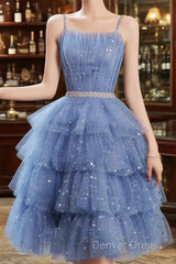 Shiny Short Puffy Blue Prom Dresses A-Line Puffy Homecoming Dresses