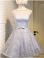 Shiny Silver Gray Short Lace Prom Dress, Silver Gray Lace Short Homecoming Graduation Dresses