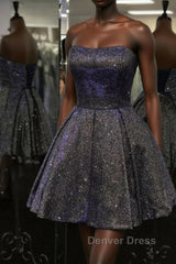 Shiny Strapless Open Back Short Black Prom Dresses, Open Back Black Homecoming Dresses, Black Formal Evening Dresses