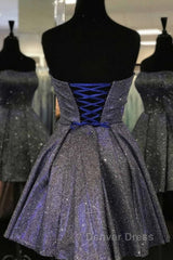Shiny Strapless Open Back Short Black Prom Dresses, Open Back Black Homecoming Dresses, Black Formal Evening Dresses