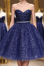 Shiny Strapless Sweetheart Neck Blue Short Prom Homecoming Dress with Belt, Sparkly Blue Prom Dresses