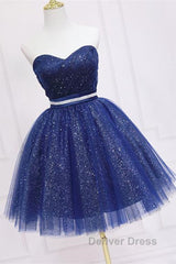 Shiny Strapless Sweetheart Neck Blue Short Prom Homecoming Dresses with Belt, Sparkly Blue Formal Evening Dresses