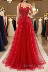 Shiny Sweetheart Neck Red Tulle Beaded Long Prom Dresses, Open Back Red Tulle Formal Graduation Evening Dresses