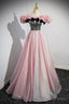 Shiny Tulle Long A Line Pink Corset Prom Dress, Off the Shoulder Prom Dresses