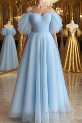 Shiny Tulle Off the Shoulder Tea Length Prom Dresses, Homecoming Dresses, Off Shoulder Formal Graduation Evening Dresses