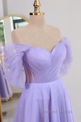Shiny Tulle Off the Shoulder Tea Length Prom Dresses, Homecoming Dresses, Off Shoulder Formal Graduation Evening Dresses