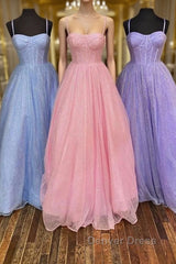 Shiny Tulle Open Back Long Prom Dresses, Long Tulle Formal Graduation Evening Dresses