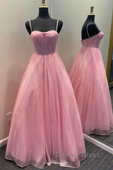 Shiny Tulle Open Back Long Prom Dresses, Long Tulle Formal Graduation Evening Dresses