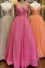 Shiny Tulle V Neck Backless Hot Pink Orange Champagne Long Prom Dress, Backless Hot Pink Orange Champagne Prom Graduation Prom Dresses
