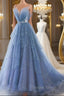 Shiny Tulle V Neck Blue Long Prom Dress, Blue Tulle Prom Dresses, Blue Ball Gowns