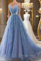 Shiny Tulle V Neck Blue Long Prom Dresses, Blue Tulle Formal Evening Dresses, Blue Ball Gown