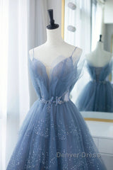 Shiny Tulle V Neck Blue Long Prom Dresses, Blue Tulle Formal Evening Dresses, Blue Ball Gown
