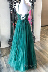 Shiny V Neck Backless Beaded Green Tulle Long Prom Dresses, Green Lace Formal Dresses, Beaded Evening Dresses