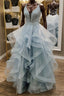 Shiny V Neck Backless Fluffy Blue Long Prom Dress, V Neck Blue Prom Dress, Blue Lace Prom Dresses