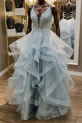 Shiny V Neck Backless Fluffy Blue Long Prom Dresses, V Neck Blue Formal Dresses, Blue Lace Evening Dresses