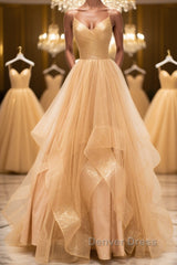 Shiny V Neck Backless Golden Long Prom Dresses, Backless Golden Formal Dresses, Golden Evening Dresses