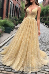 Shiny V Neck Backless Long Golden Prom Dresses, Sparkly Golden Formal Dresses, Golden Evening Dresses
