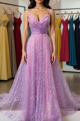 Shiny V Neck Backless Long Purple Prom Dresses, Backless Lilac Formal Graduation Evening Dresses