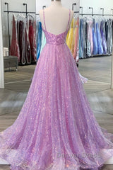 Shiny V Neck Backless Long Purple Prom Dresses, Backless Lilac Formal Graduation Evening Dresses