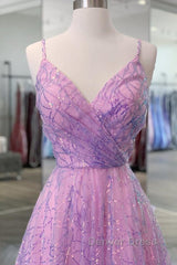 Shiny V Neck Backless Long Purple Prom Dresses, Backless Lilac Formal Graduation Evening Dresses
