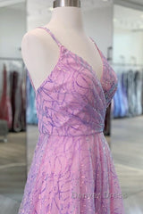 Shiny V Neck Backless Long Purple Prom Dresses, Backless Lilac Formal Graduation Evening Dresses