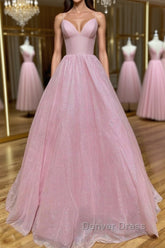 Shiny V Neck Backless Pink Long Prom Dresses, Backless Pink Formal Graduation Evening Dresses