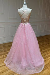 Shiny V Neck Backless Pink Long Prom Dresses, Backless Pink Formal Graduation Evening Dresses