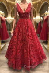 Shiny V Neck Burgundy Lace Long Prom Dresses, Burgundy Lace Formal Dresses, Sparkly Burgundy Evening Dresses