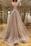 Shiny V Neck Champagne Lace Prom Dress, Champagne V Neck Lace Prom Graduation Prom Dresses