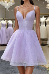 Shiny V Neck Lilac Short Prom Dresses, Lilac Homecoming Dresses