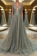 Shiny V Neck Open Back Champagne Long Prom Dresses, Champagne Formal Graduation Evening Dresses