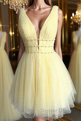 Shiny V Neck Open Back Yellow Tulle Short Prom Dresses, V Neck Yellow Formal Graduation Homecoming Dresses