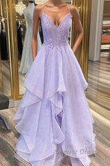 Shiny V Neck Purple Lace Long Prom Dresses, Purple Lace Formal Evening Dresses, Purple Ball Gown